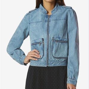 Avec Les Filles Anthro‎ Denim Multi Zipper Pocket Bomber Jacket